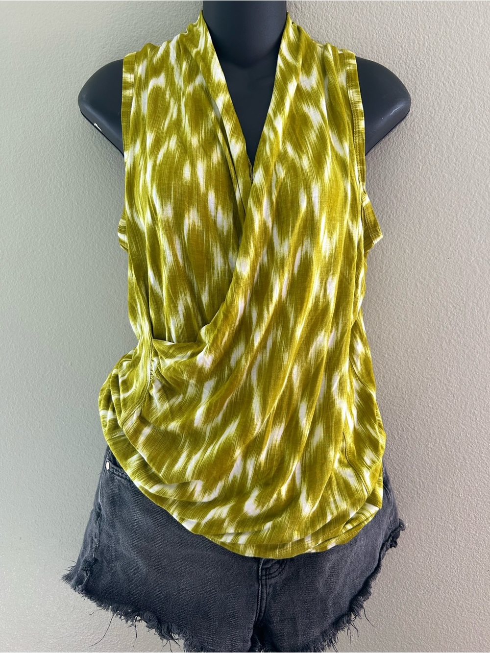 Liz Claiborne Olive Green and White Sleeveless Wrap-Style Blouse